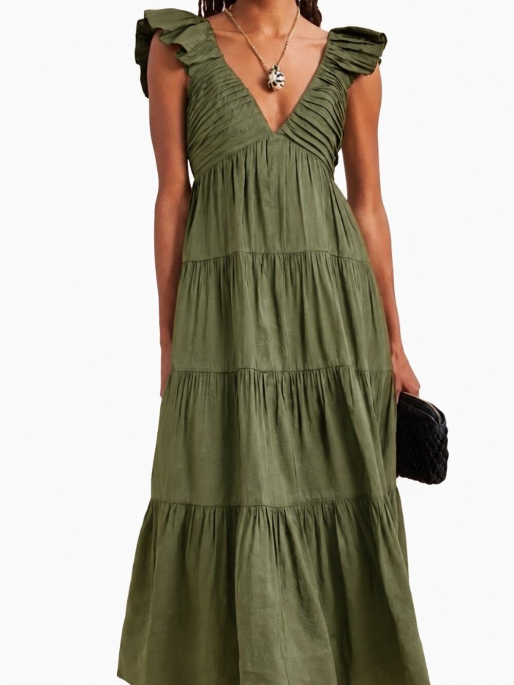 La Ligne Anais Olive Green Linen Blend Tiered Maxi Dress XL